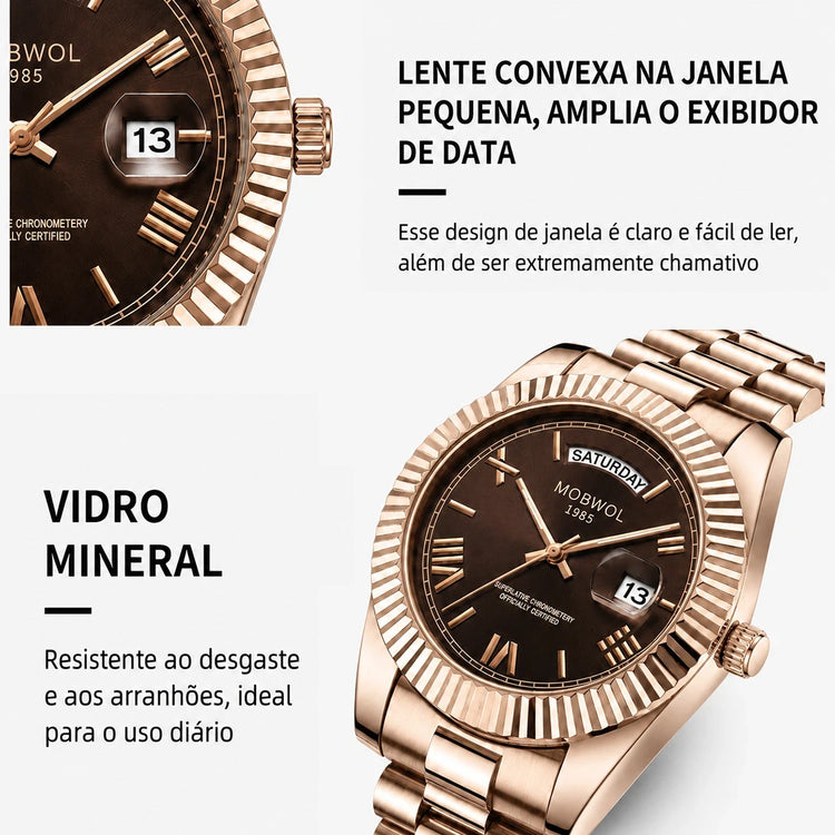 Relógio Movara® Soberano rosé com vidro mineral e data em janela.