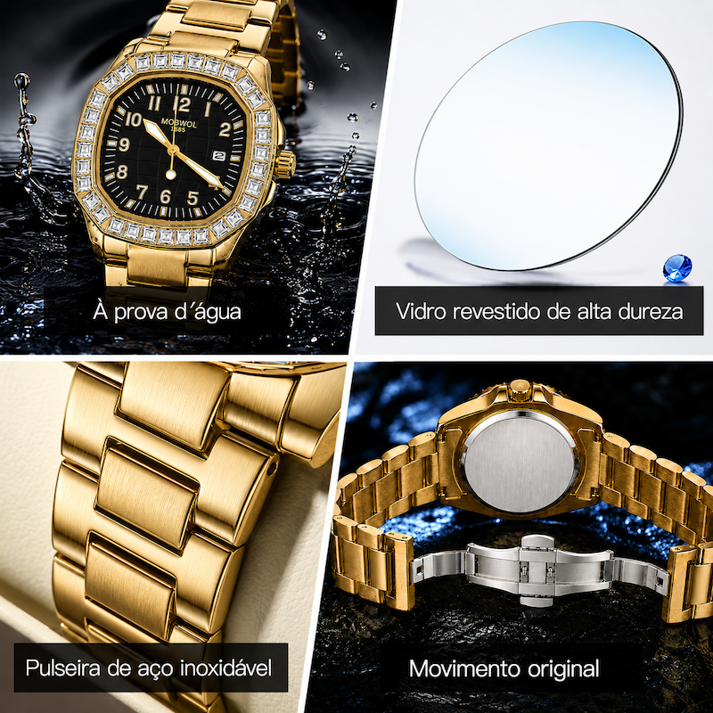 Relógio dourado com mostrador preto, aro cravejado com pedras e pulseira metálica