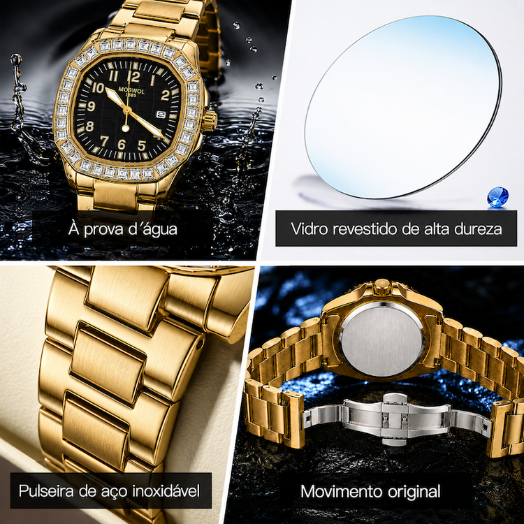 Relógio dourado com mostrador preto, aro cravejado com pedras e pulseira metálica