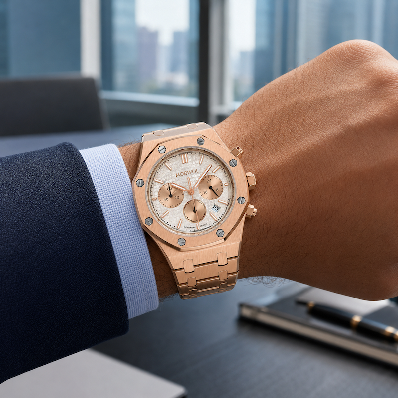 Relógio dourado rosé com mostrador branco e pulseira de metal no pulso