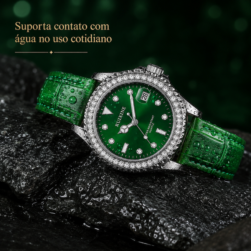 Relógio RUIXINE verde com pulseira verde e gotas de água, moldura com strass