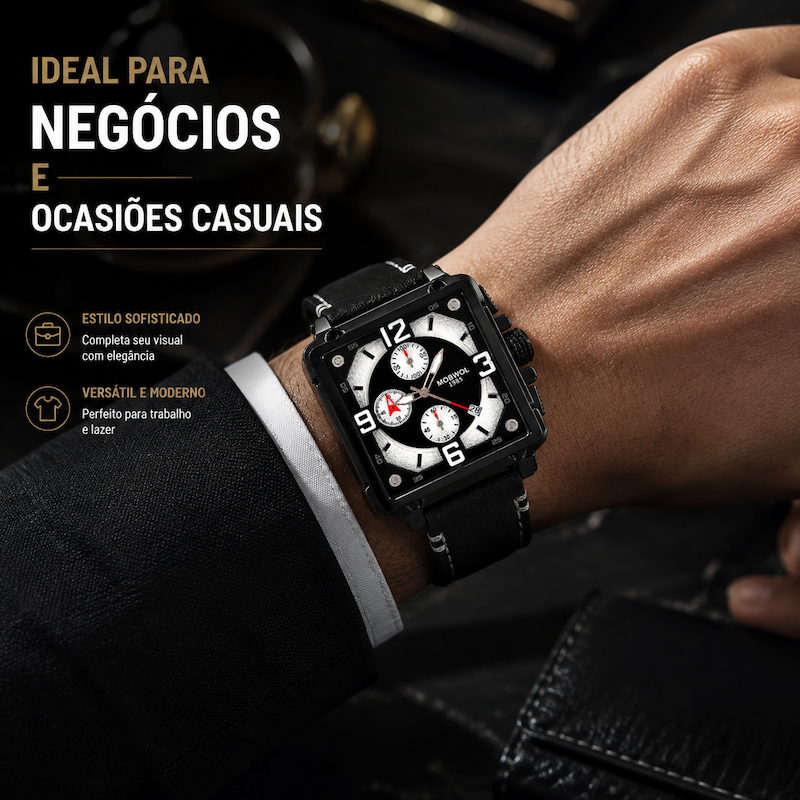 Relógio cronógrafo Cronos no pulso, pulseira de couro preta e mostrador branco