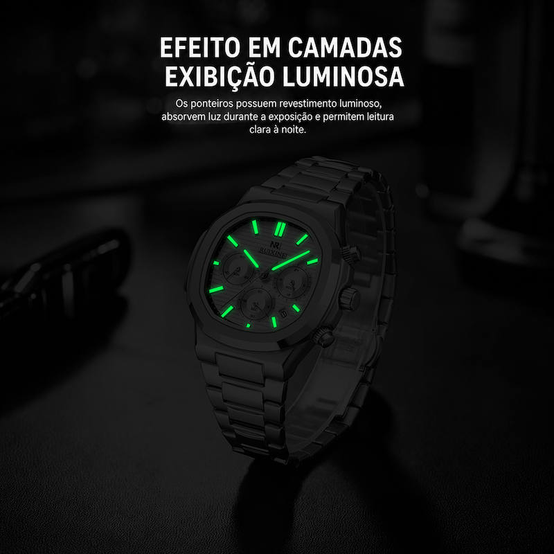 Imagem promocional com 'EFEITO EM CAMADAS' e relógio com ponteiros verdes