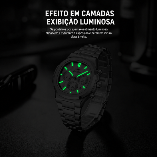 Imagem promocional com 'EFEITO EM CAMADAS' e relógio com ponteiros verdes