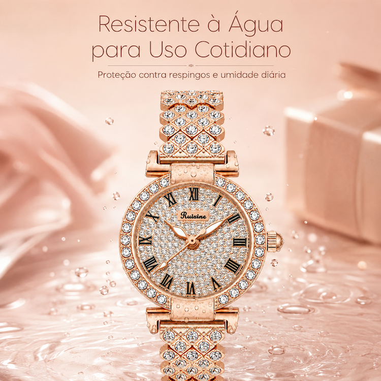 Relógio feminino rosé com mostrador cravejado e pulseira de elos com cristais