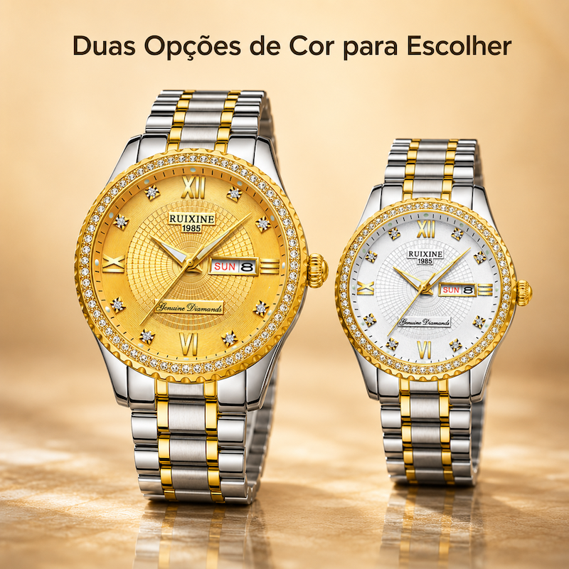 Relógios masculinos bicolores com mostradores dourado e branco, aro cravejado e aço