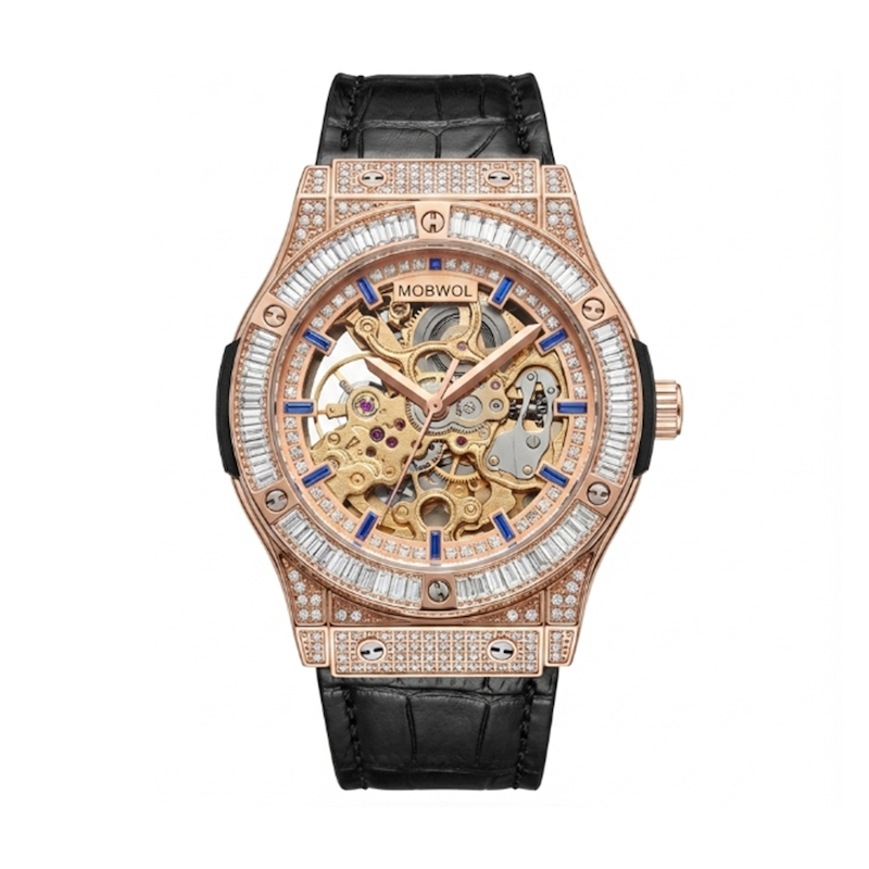 Relógio Imperador caixa dourada rosé com mostrador esqueleto e pulseira preta