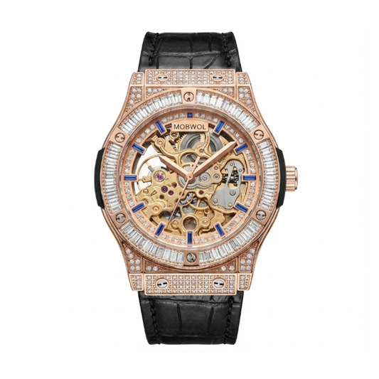 Relógio Imperador caixa dourada rosé com mostrador esqueleto e pulseira preta