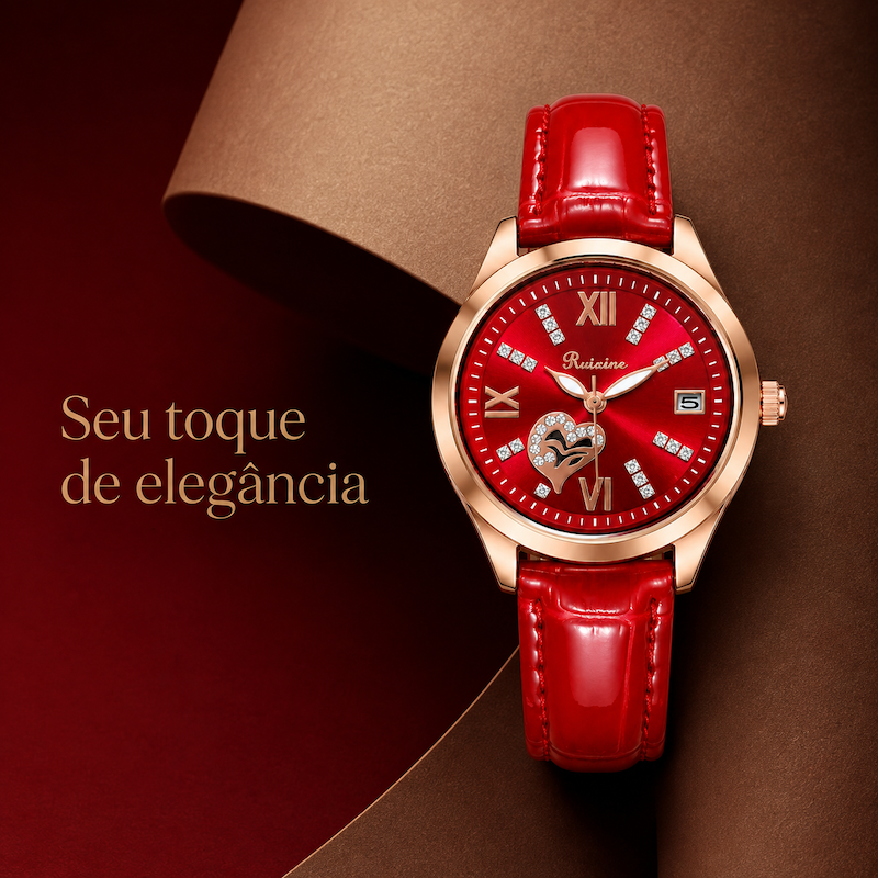 Relógio com mostrador vermelho e pulseira de couro vermelha no braço