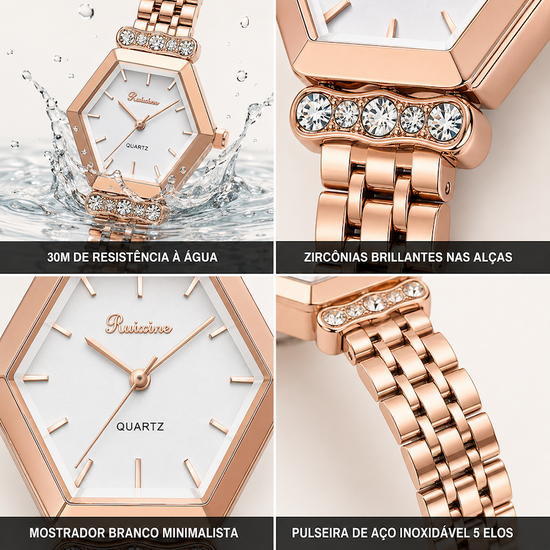 Relógio Manuela com pulseira metálica rosé e mostrador branco com detalhes de zircônia