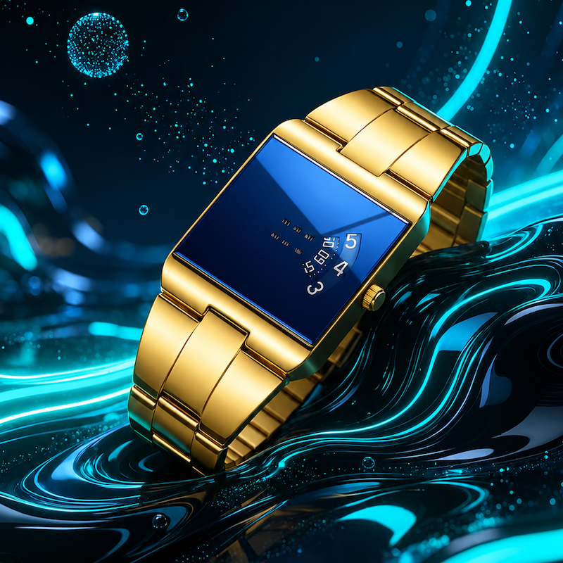 Relógio dourado com mostrador azul retangular e pulseira metálica, close