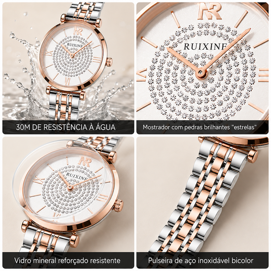 Relógio Estrela com pulseira de aço bicolor e mostrador branco com ponteiros rosé