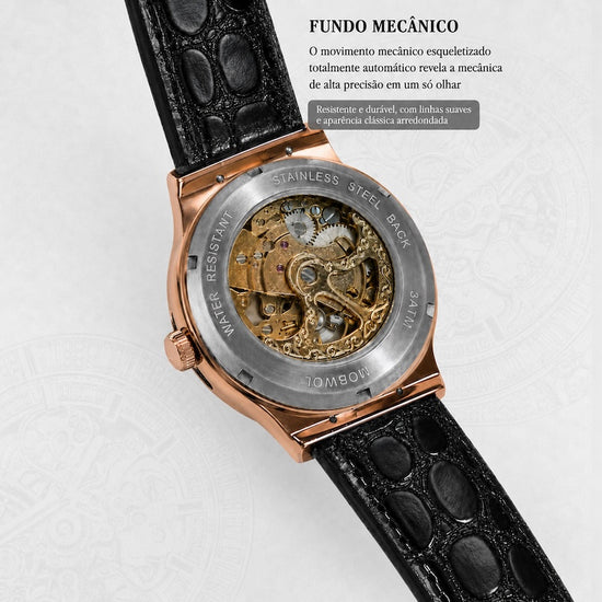 Relógio automático com fundo metálico rosé e pulseira de couro preta