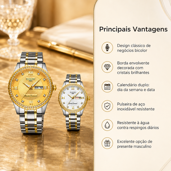 Conjunto de relógios masculinos bicolores dourado e branco, pulseira de aço
