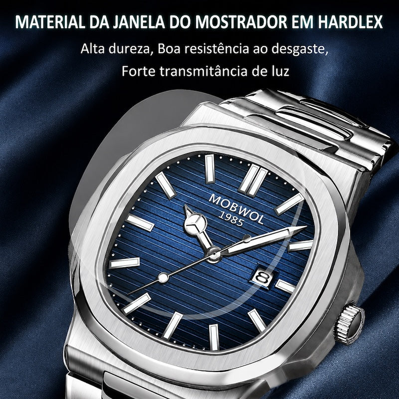 Relógio de aço prateado com mostrador azul e três botões laterais