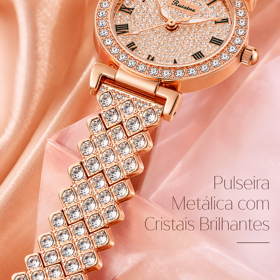 Relógio Estelar dourado rosê, mostrador com cristais e bracelete metálica cravejada