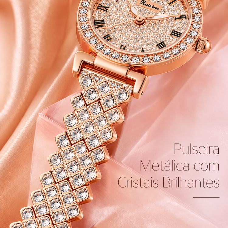 Relógio Estelar dourado rosê, mostrador com cristais e bracelete metálica cravejada