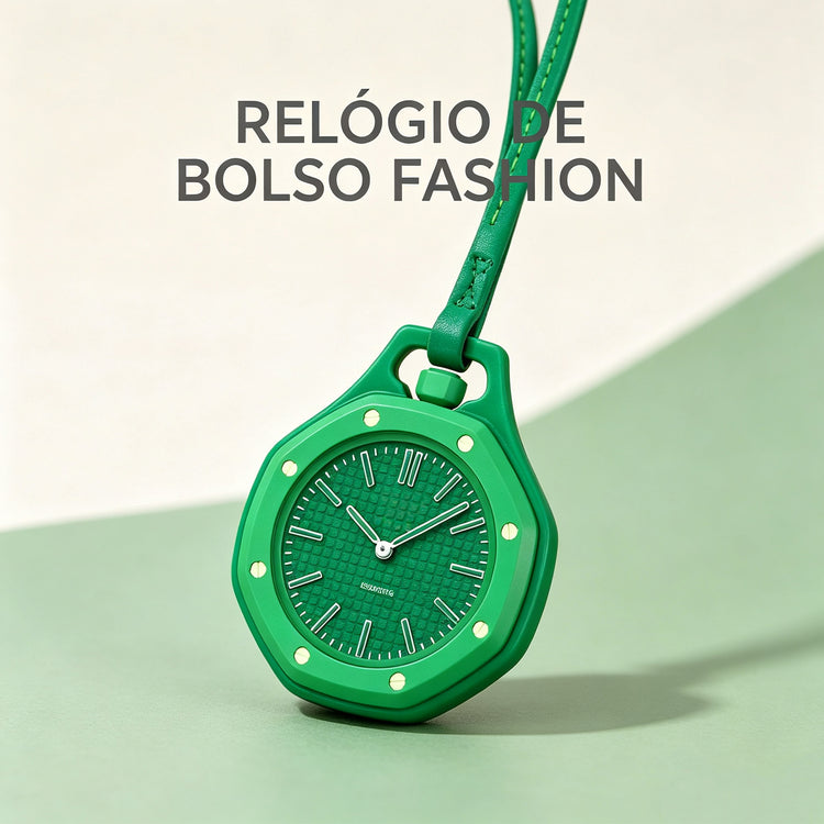 Relógio de bolso verde com alça verde e mostrador verde com ponteiros brancos.