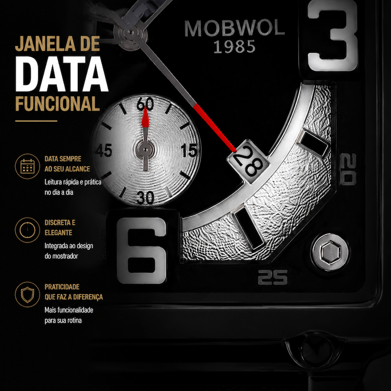 Relógio cronógrafo Cronos com janela de data e caixa preta com mostrador branco
