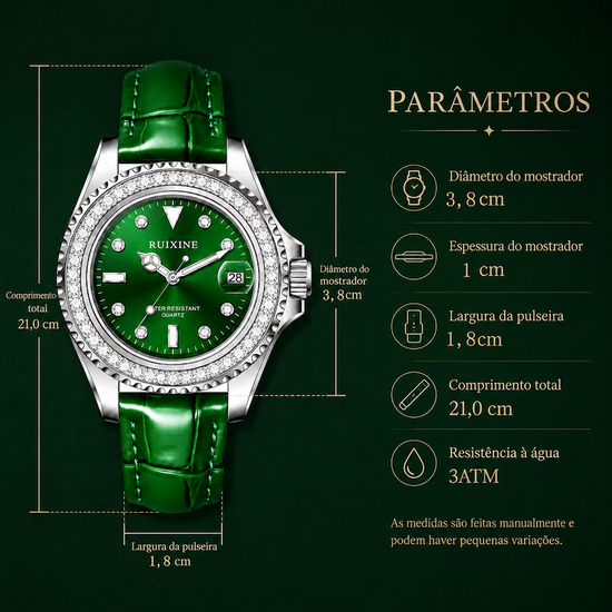 Relógio RUIXINE verde com moldura de strass e pulseira verde