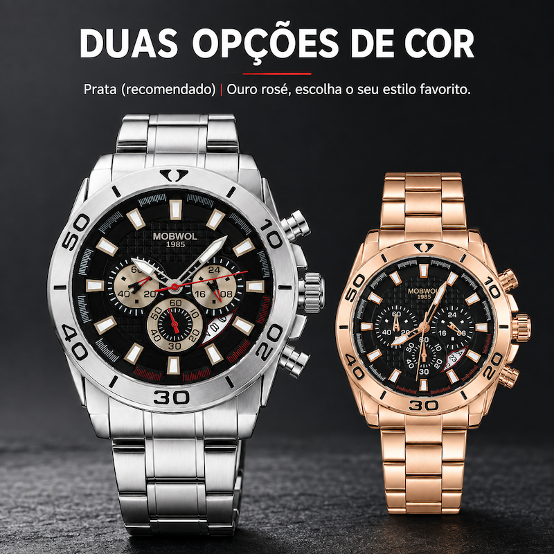 Relógio cronógrafo masculino prateado e dourado rosé com mostrador preto e submostradores