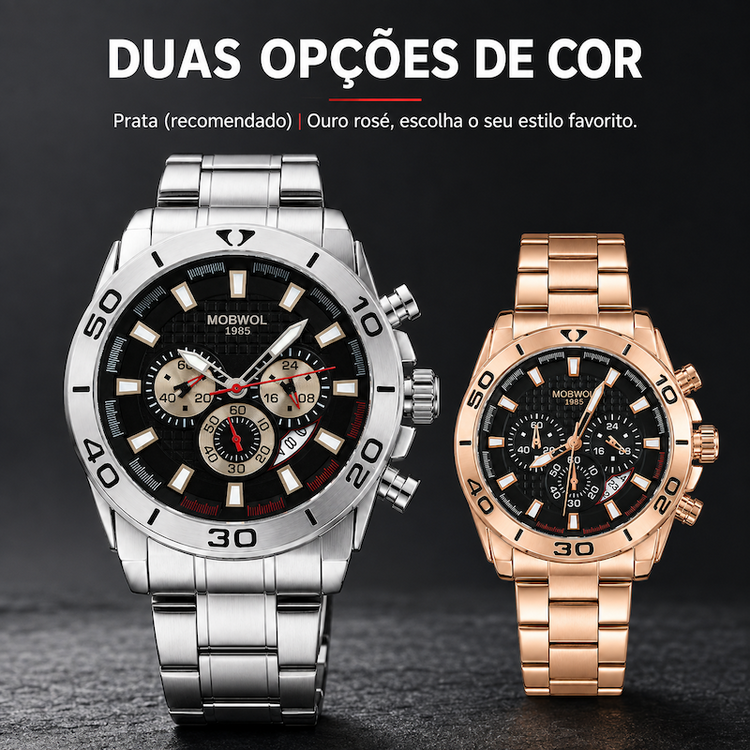 Relógio cronógrafo masculino prateado e dourado rosé com mostrador preto e submostradores