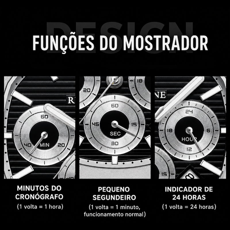 Painel com 'FUNÇÕES DO MOSTRADOR' mostrando três mostradores analógicos