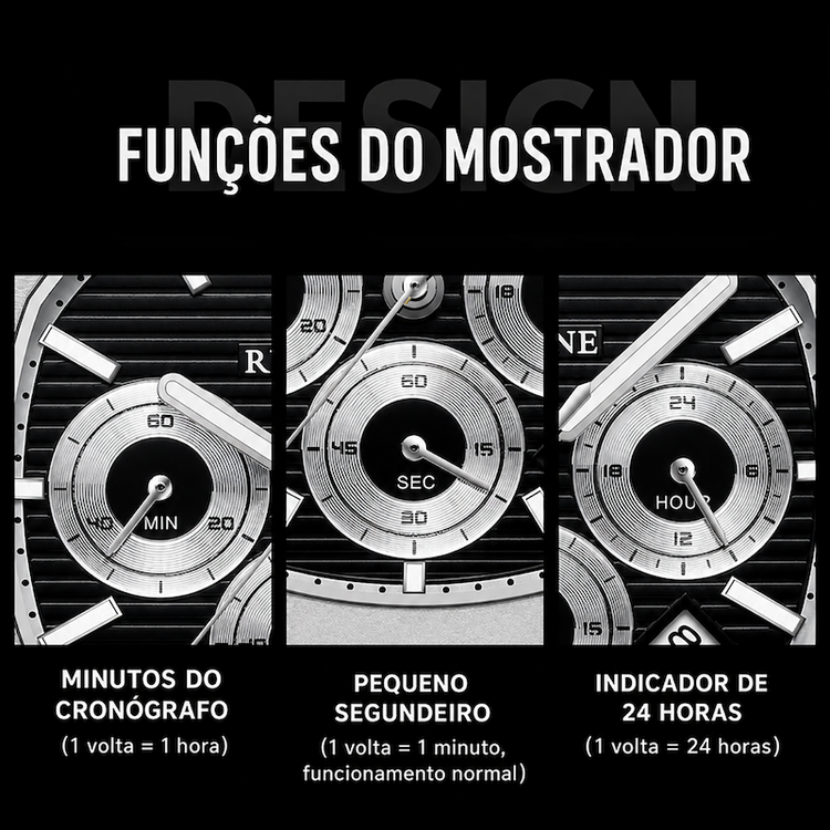 Painel com 'FUNÇÕES DO MOSTRADOR' mostrando três mostradores analógicos