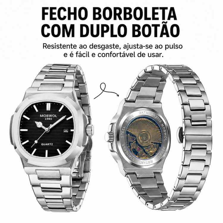 Relógio masculino prateado com mostrador preto e pulseira metálica, frente e verso