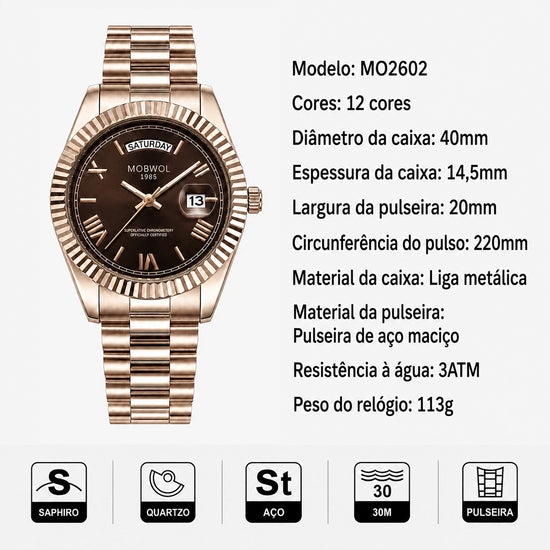 Relógio com mostrador marrom-escuro, pulseira metálica dourada e visor com data
