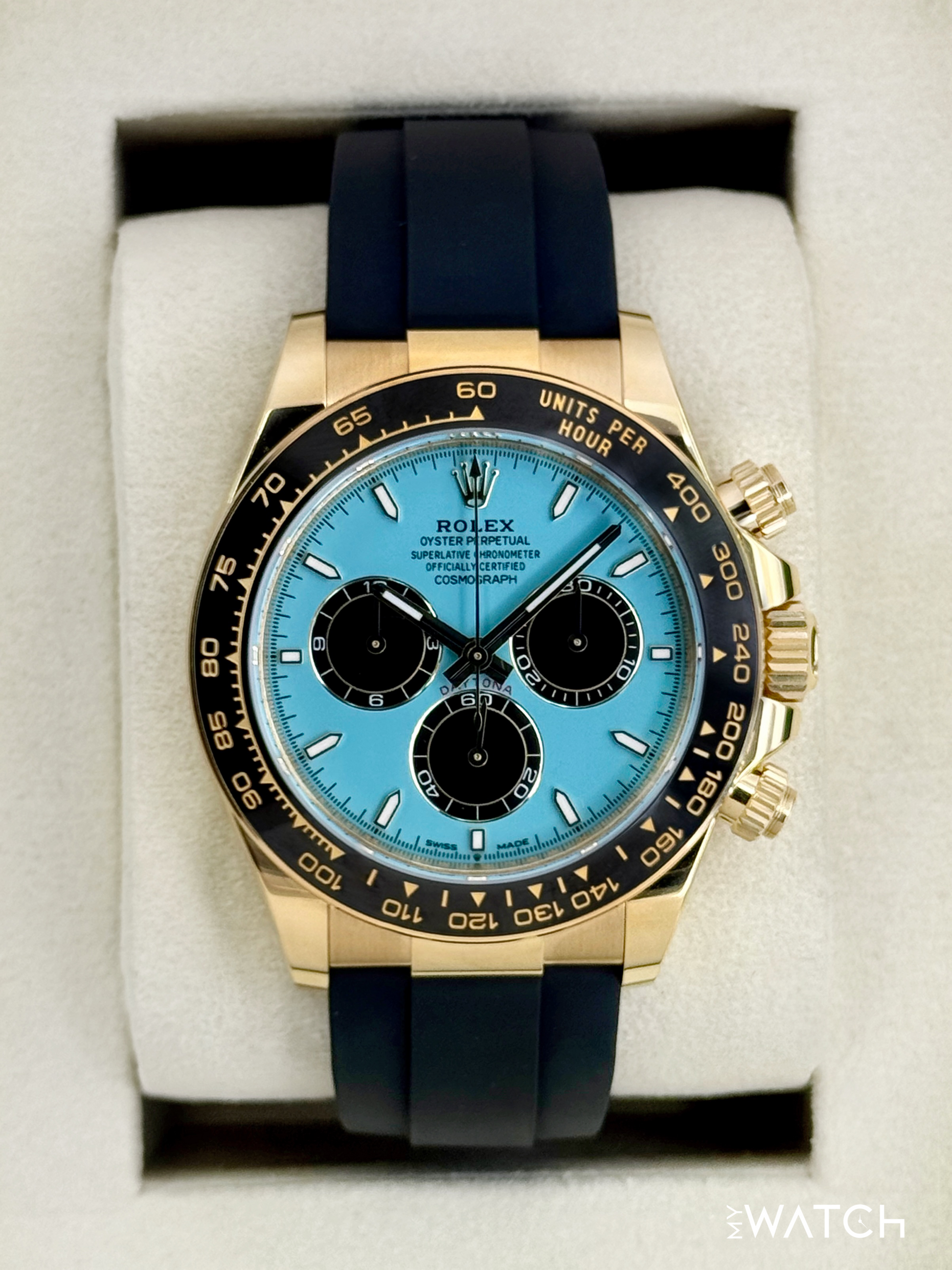 Relógio Rolex Daytona automático em ouro e pulseira azul, mostrador azul com cronógrafo.