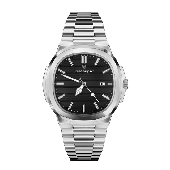 Relógio Nautilus de 41 mm com mostrador preto e pulseira metálica prateada