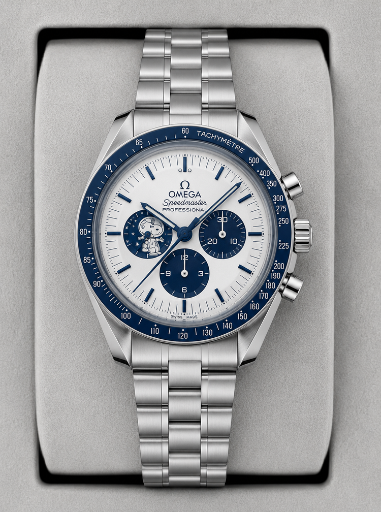 Relógio Omega Speedmaster Snoopy com mostrador azul e pulseira de aço, cronógrafo
