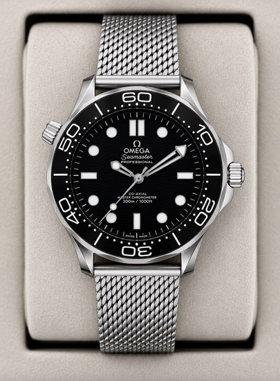 Relógio Omega com mostrador preto e bezel com marcações; pulseira de aço em malha