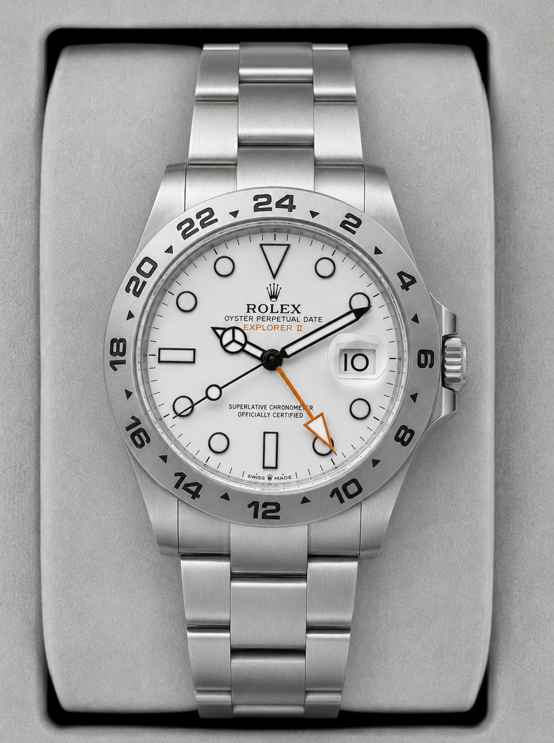 Relógio Explorer II automático de aço, mostrador branco e pulseira metálica