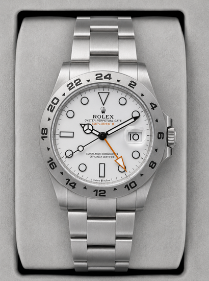 Relógio Explorer II automático de aço, mostrador branco e pulseira metálica