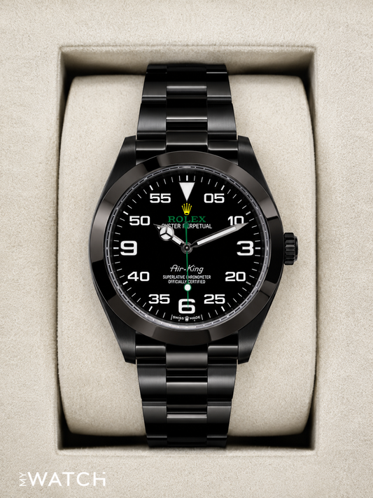Relógio Rolex Air-King preto, mostrador preto e pulseira de aço metálica