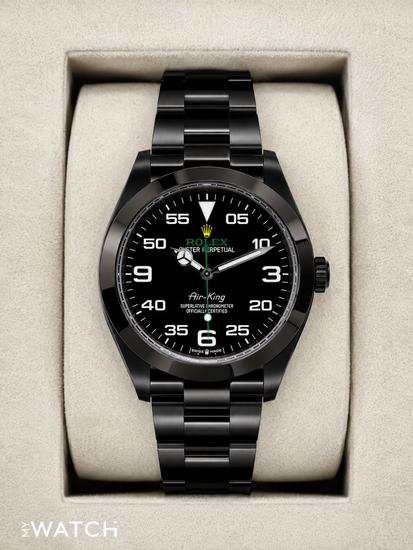 Relógio Rolex Air-King preto, mostrador preto e pulseira de aço metálica