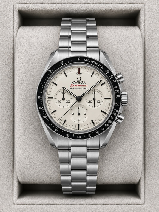 Relógio Omega Speedmaster Moonwatch branco automático em aço, mostrador branco e luneta preta