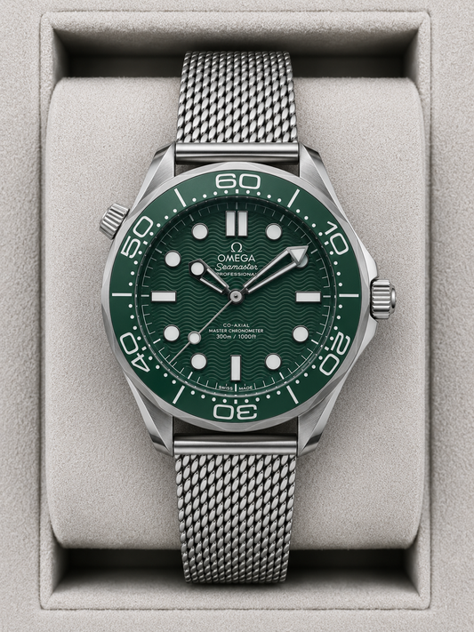 Relógio Omega Seamaster Diver 300M verde com pulseira de aço em malha e mostrador verde