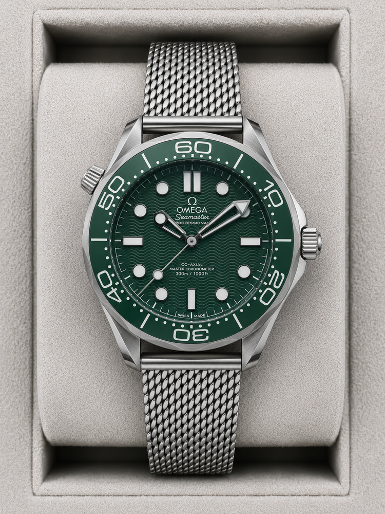 Relógio Omega Seamaster Diver 300M verde com pulseira de aço em malha e mostrador verde