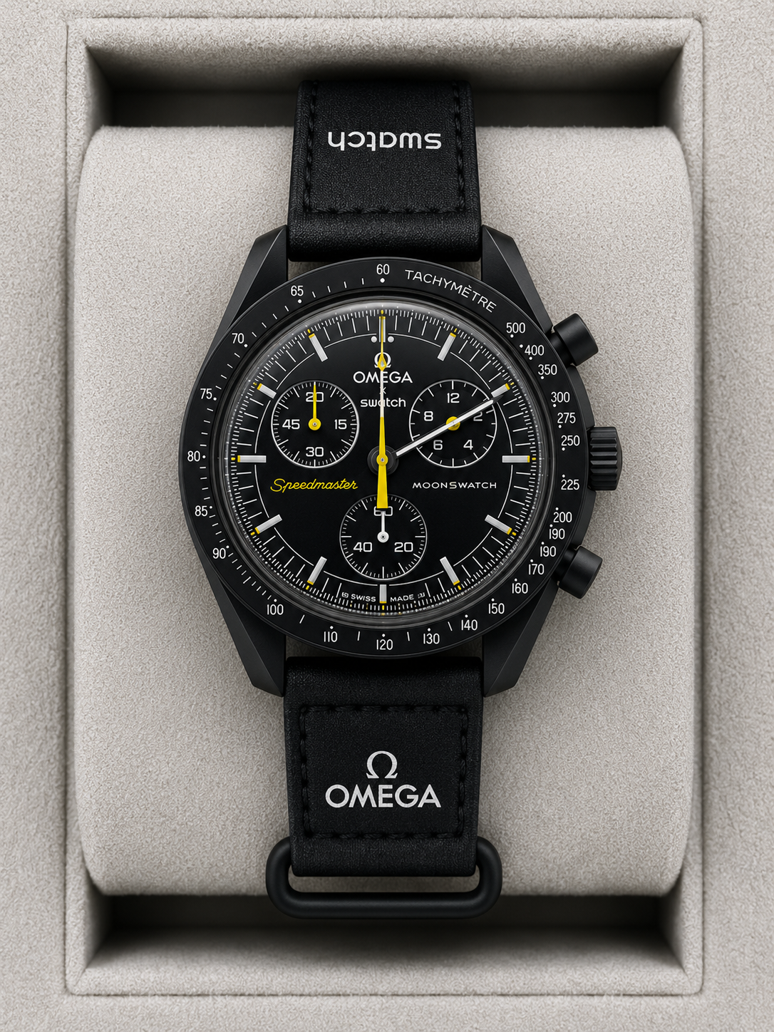 Relógio Omega Swatch MoonSwatch 42 mm com mostrador preto e pulseira de couro preta