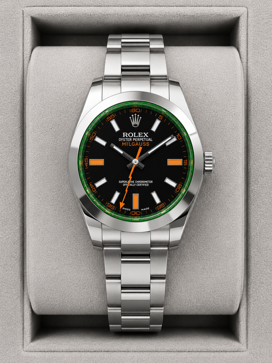 Relógio Rolex Milgauss com mostrador preto, luneta verde e pulseira de aço