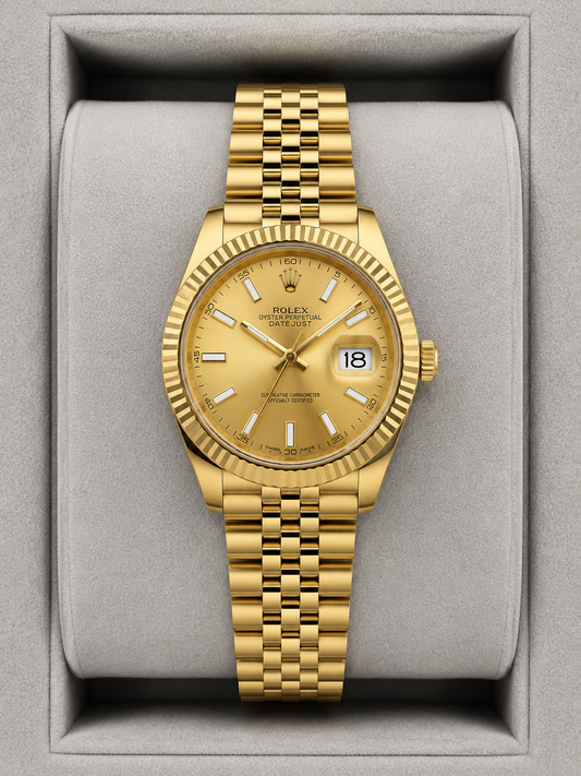 Relógio Rolex Datejust dourado com pulseira metálica e mostrador amarelo, data 18