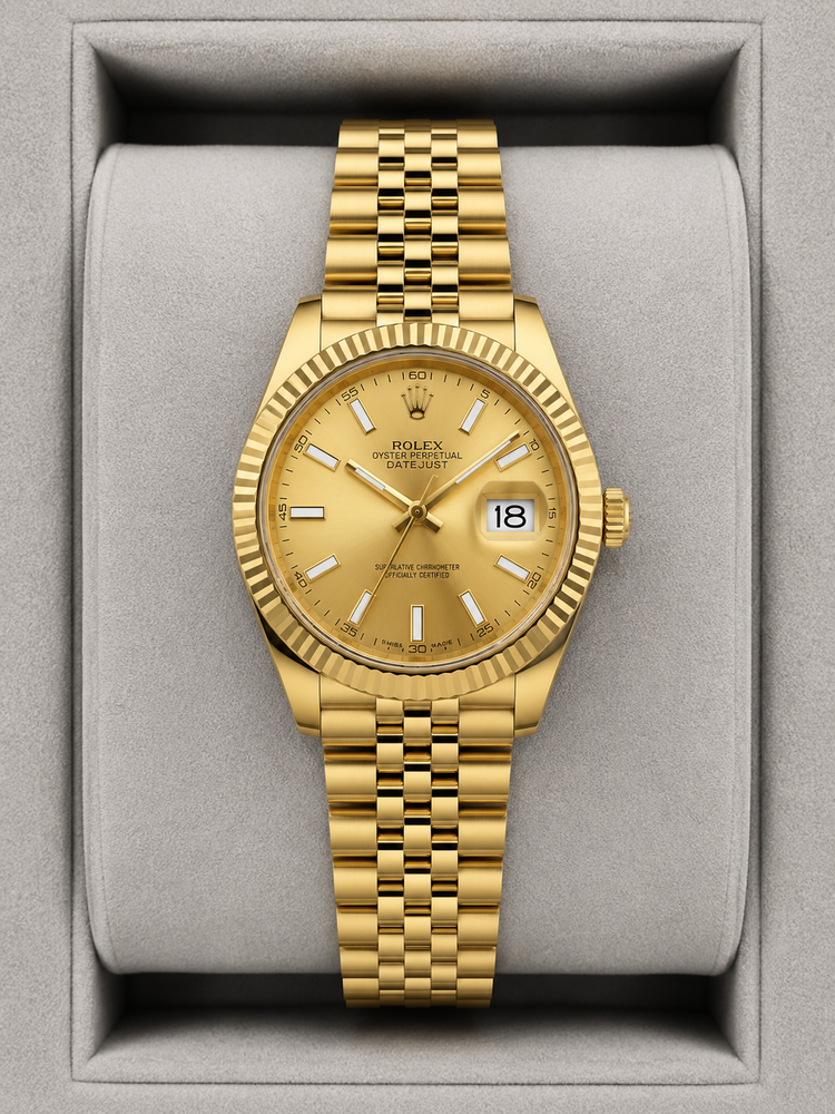 Relógio Rolex Datejust dourado com pulseira metálica e mostrador amarelo, data 18