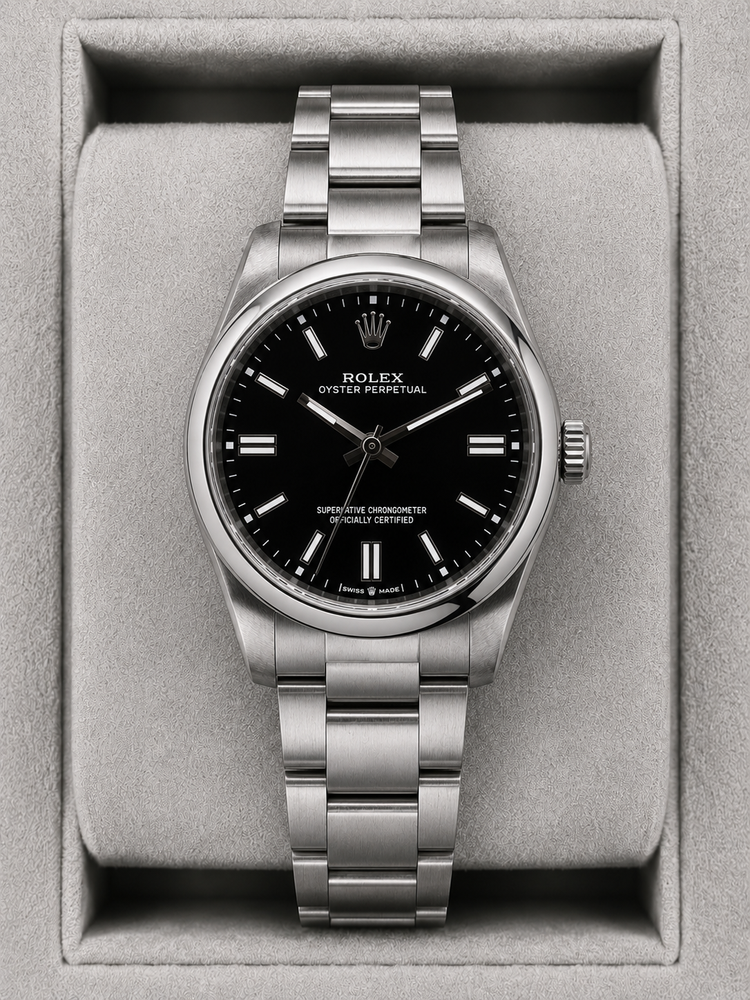 Relógio automático Rolex Oyster Perpetual preto, mostrador com índices e pulseira de aço