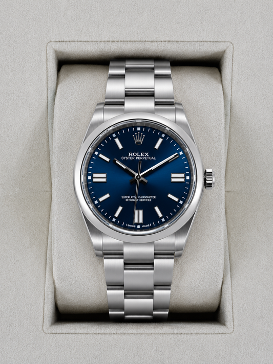 Relógio automático Rolex Oyster Perpetual azul com pulseira de aço e mostrador azul