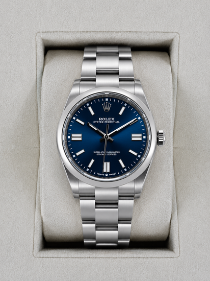 Relógio automático Rolex Oyster Perpetual azul com pulseira de aço e mostrador azul