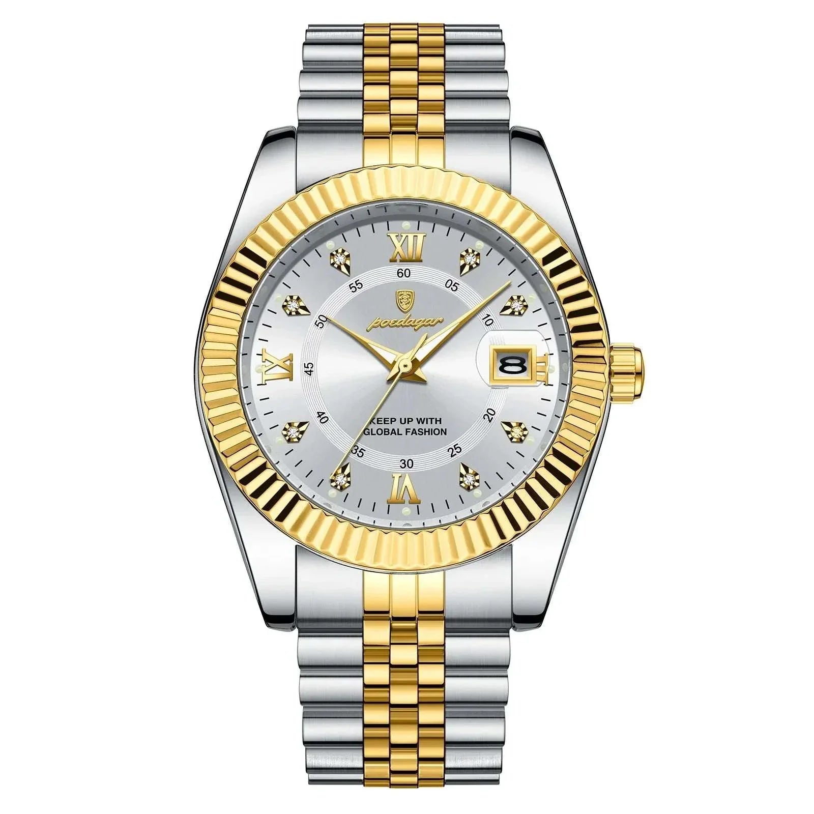 Relógio de pulso com mostrador branco e pulseira prateada com detalhes dourados