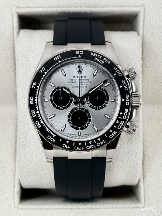 Relógio automático Daytona com mostrador prata e pulseira de borracha preta